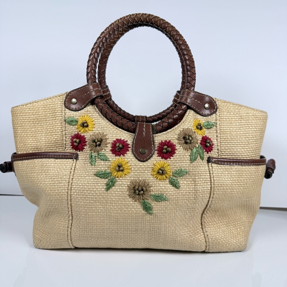 FOSSIL Straw Leather Purse With Floral Embroidery Round Handles Pockets Read
